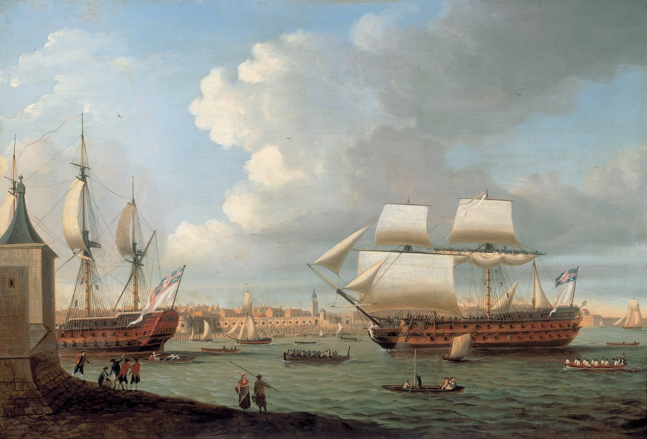 Foudroyant e Pégase che entrano nel porto di Portsmouth, 1782 da Dominic Serres