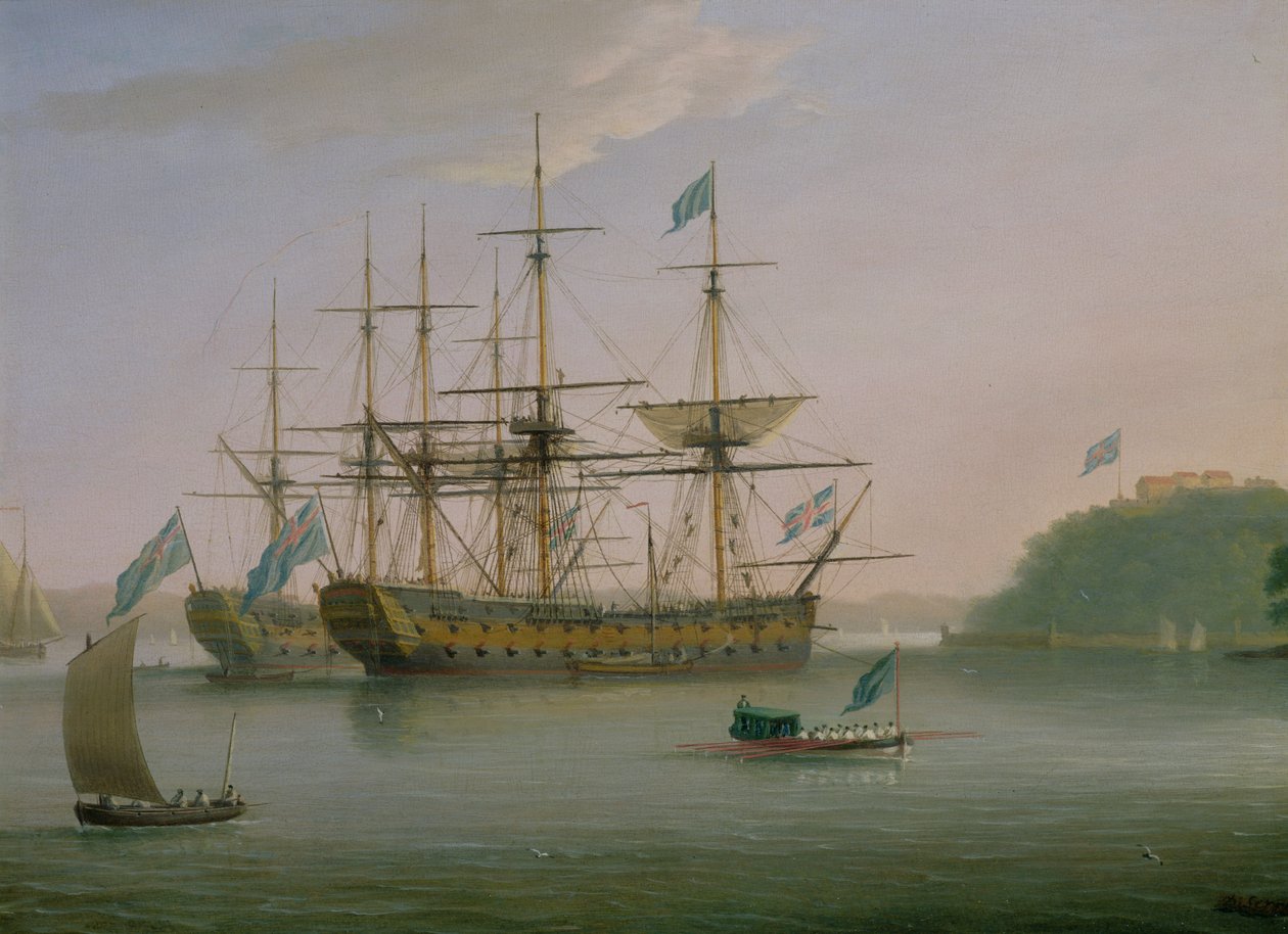 Due navi da guerra britanniche ancorate sotto Mount Edgecomb, Plymouth con la barca dell