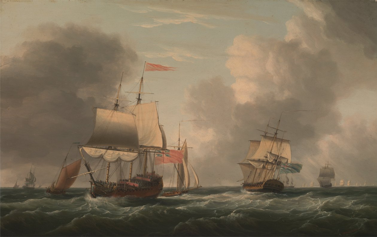 Una nave inglese a due ponti in bonaccia, con altre navi e imbarcazioni in una fresca brezza da Dominic Serres