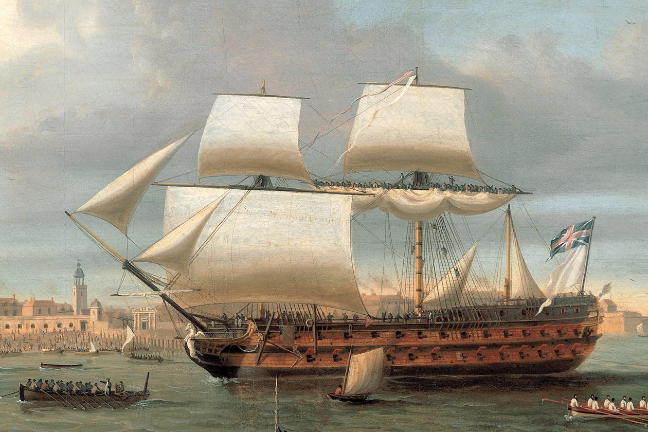 Foudroyant e Pégase entrano nel porto di Portsmouth, 1782 da Dominic Serres