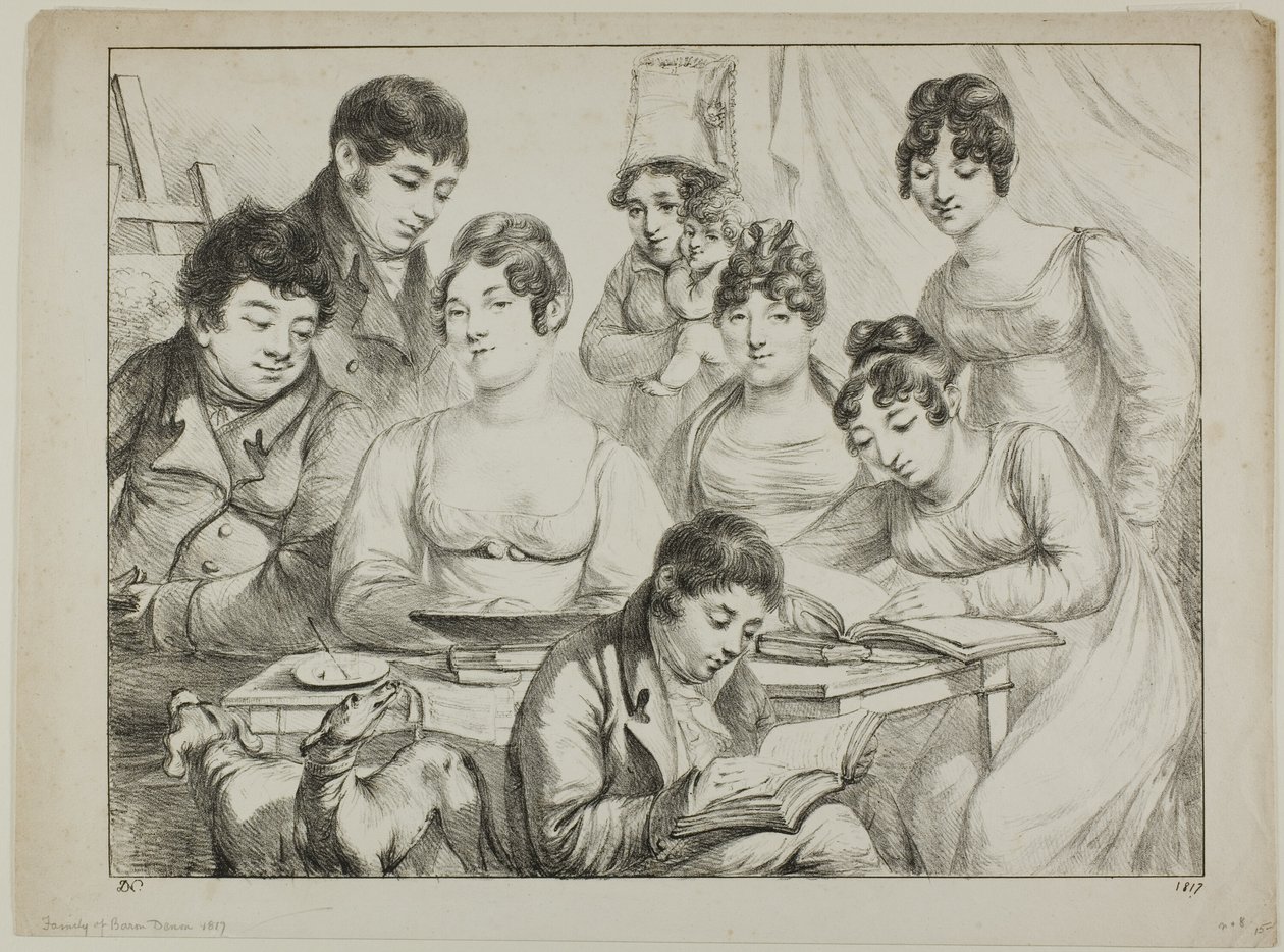 Conversazione, una famiglia che disegna e legge, la bambinaia che tiene un neonato, un ritratto del principe Edmond de Beauvau dietro una sedia, e ritratti di Madame Lavallée e Madame Vallory, entrambe sedute da Dominique Vivant Denon