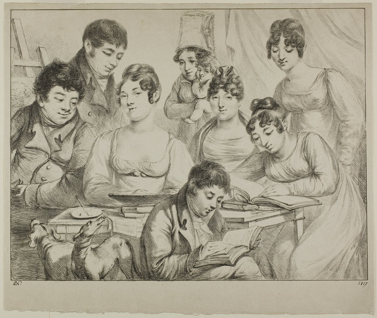 Conversazione, una famiglia che disegna e legge, la bambinaia che tiene in braccio un neonato, un ritratto del principe Edmond de Beauvau dietro una sedia, e ritratti di Madame Lavallée e Madame Vallory, entrambe sedute da Dominique Vivant Denon