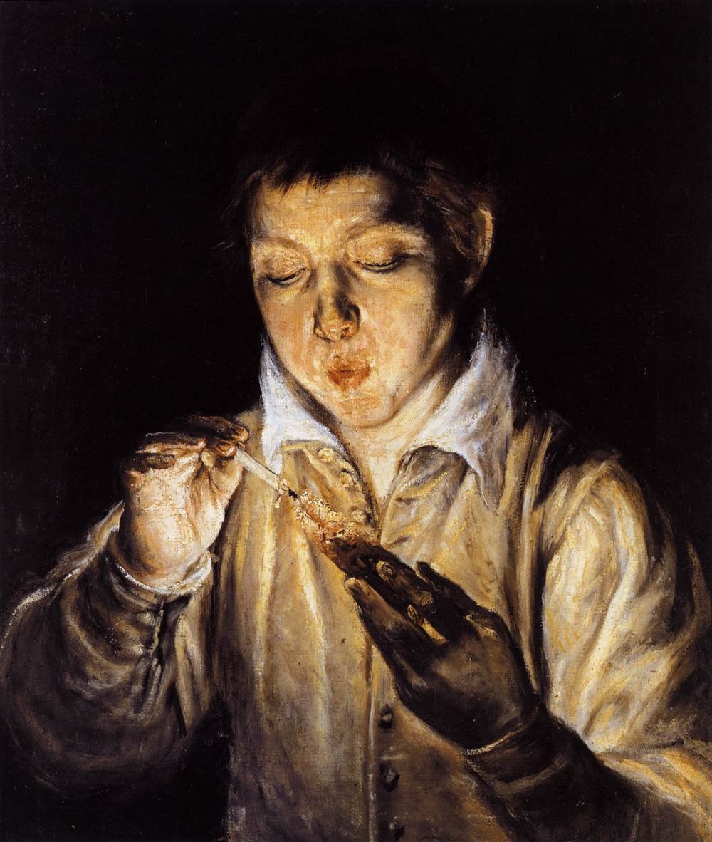 Un ragazzo che soffia su una brace per accendere una candela da El Greco