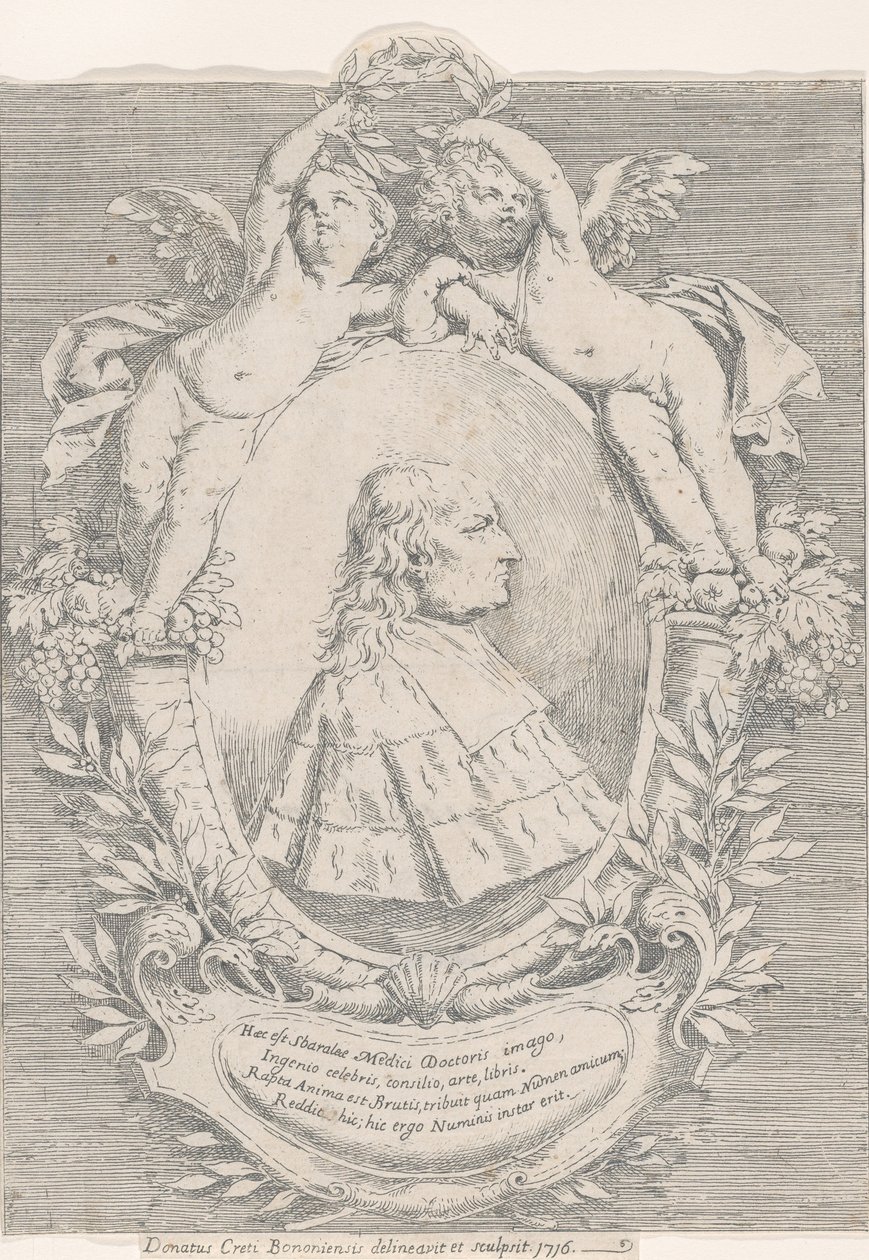 Ritratto di Giovanni Girolamo Sbaraglia, entro un ovale fiancheggiato da due putti su cornucopie da Donato Creti