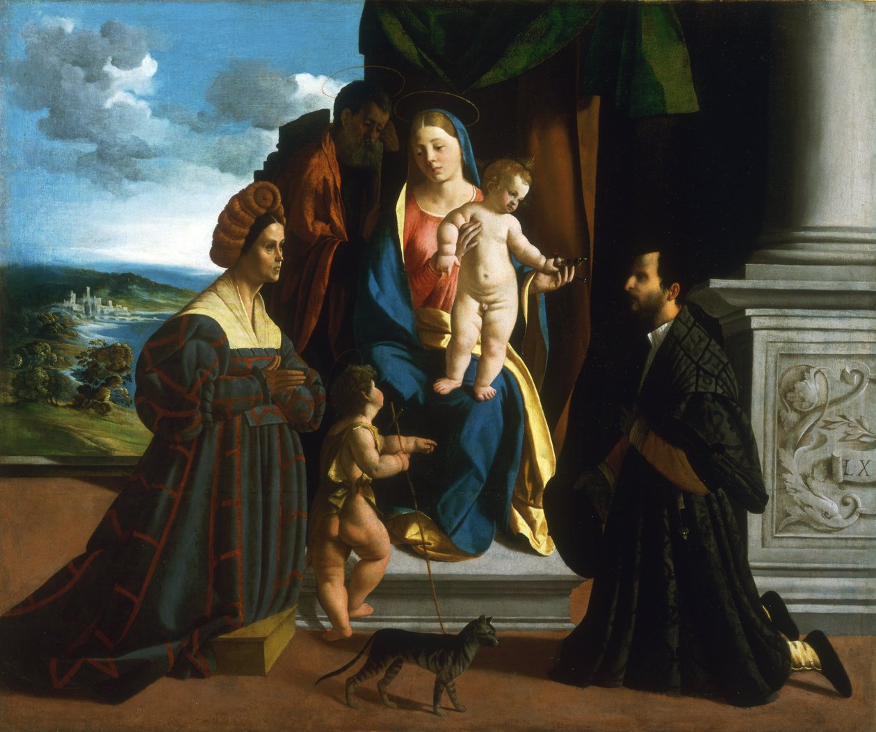 La Sacra Famiglia, con il giovane San Giovanni Battista, un gatto e due donatori da Dosso Dossi