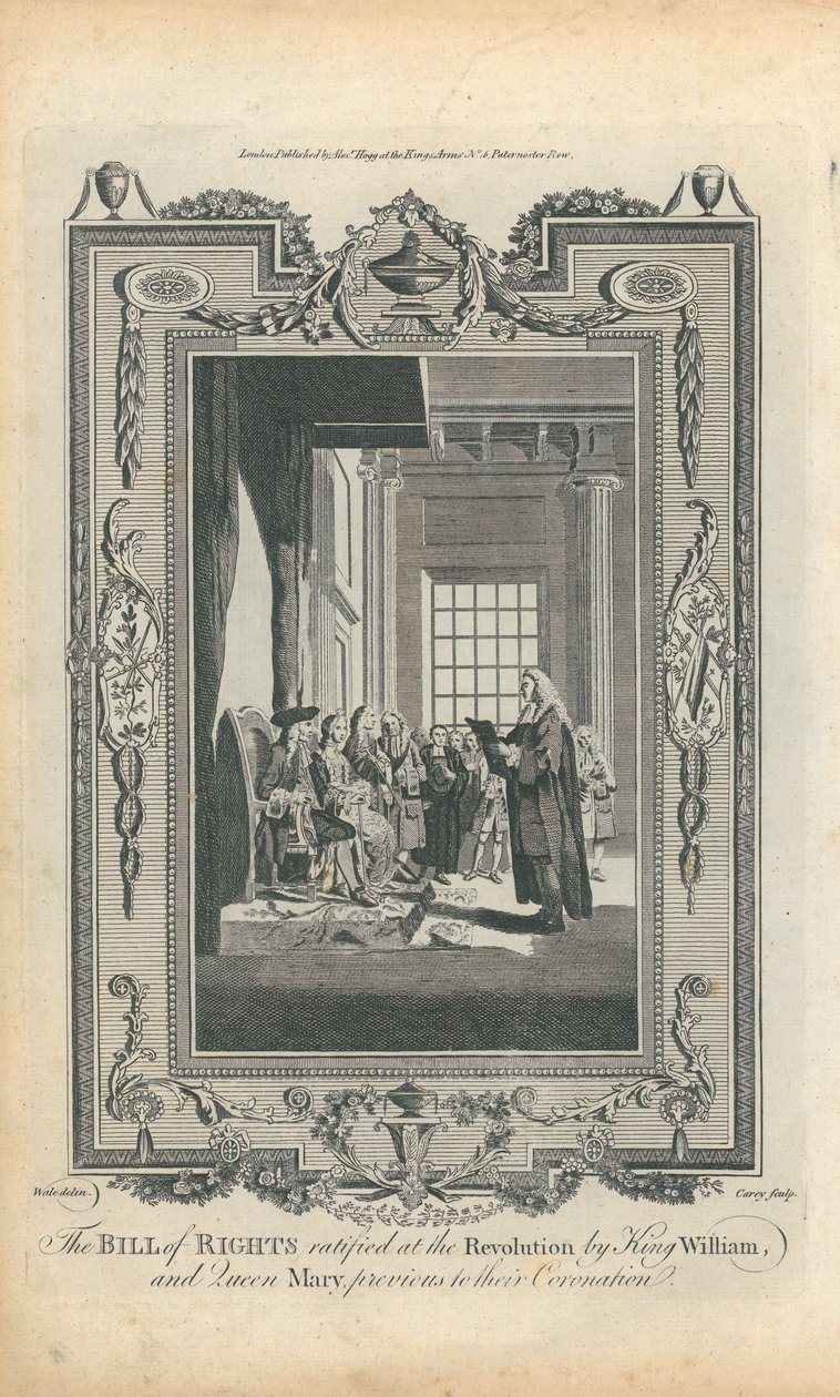 La Carta dei Diritti ratificata durante la Rivoluzione da Re Guglielmo e Regina Maria, prima della loro incoronazione da Samuel Wale