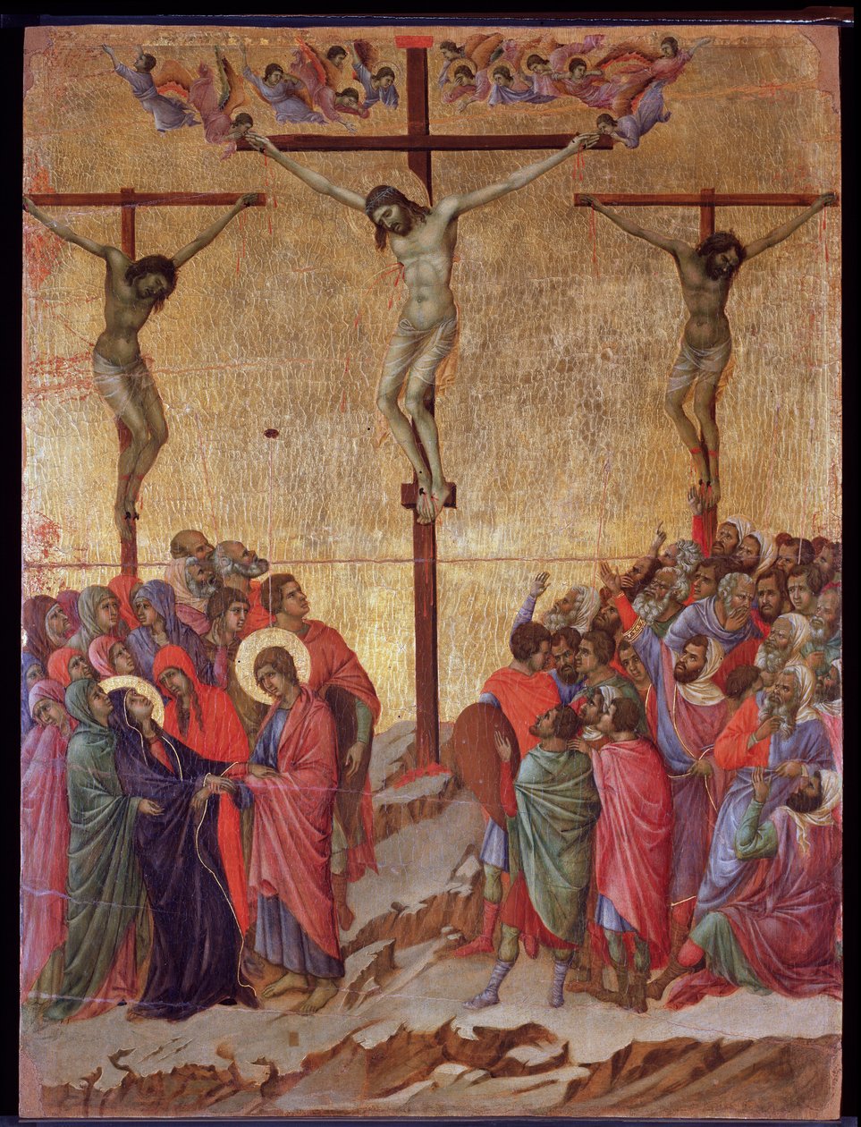 La crocifissione. Ai lati, il buon ladrone (Dismas) e il ladrone impenitente (Gestas). Pala della Maestà da Duccio di Buoninsegna