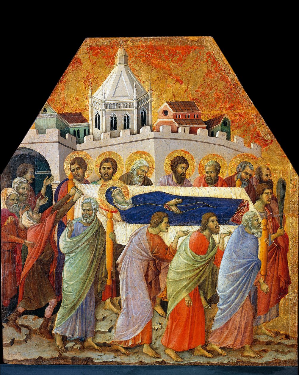 Il funerale della Vergine, San Giovanni con la palma apre la strada da Duccio di Buoninsegna