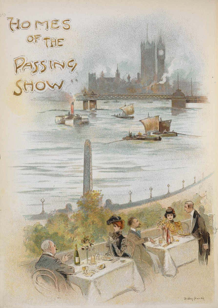 Pagina del titolo illustrata, che mostra una scena sul fiume Tamigi da Dudley Hardy