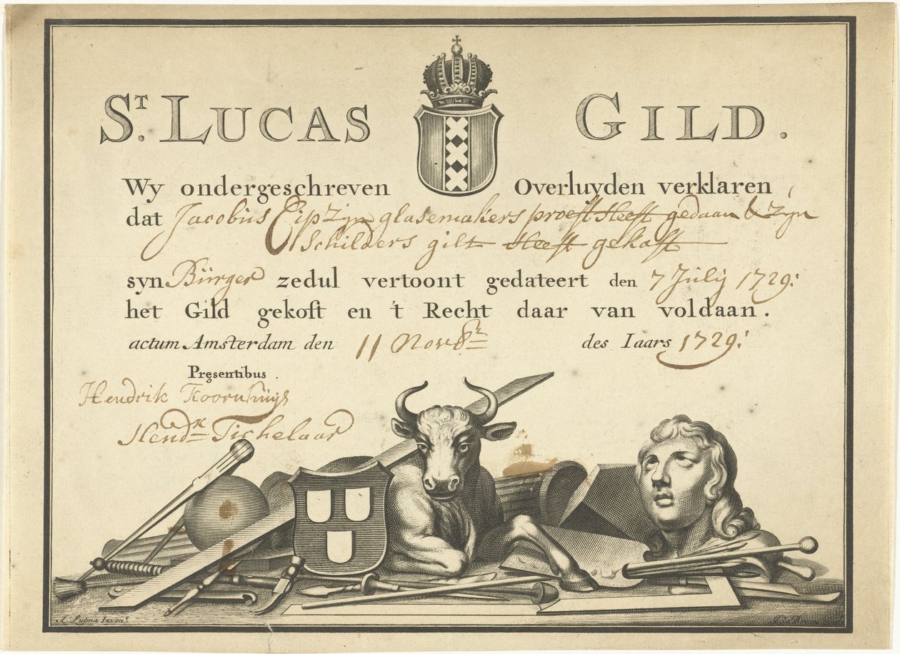 Ricevuta dalla Gilda di San Luca ad Amsterdam al vetraio James Cip, 1729 da Dutch School