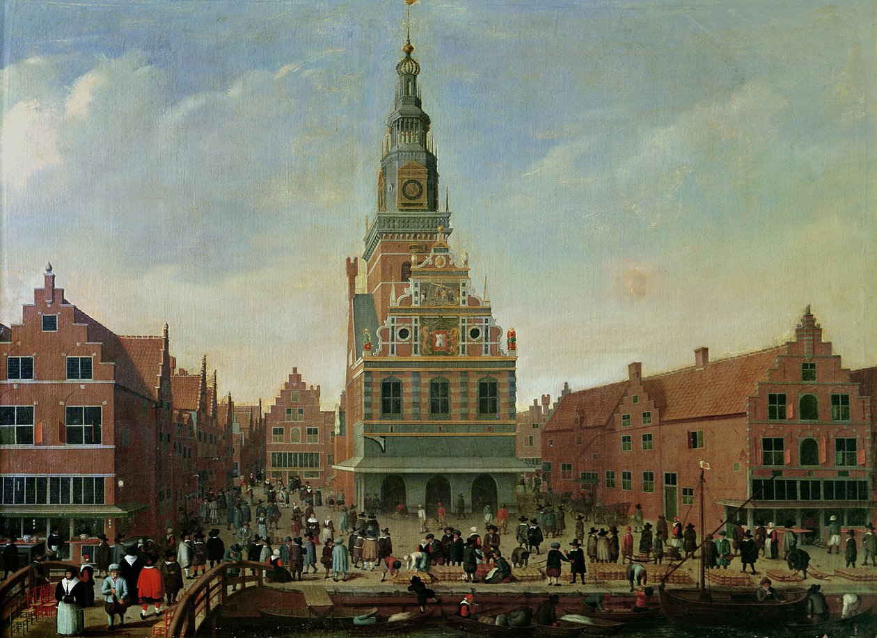 Veduta della Casa della Pesatura e del Mercato del Formaggio ad Alkmaar da Dutch School