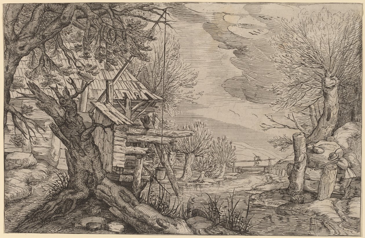 Paesaggio con Casa di Tronchi vicino a un Fiume da Dutch 17th Century, formerly Jacques de Gheyn II