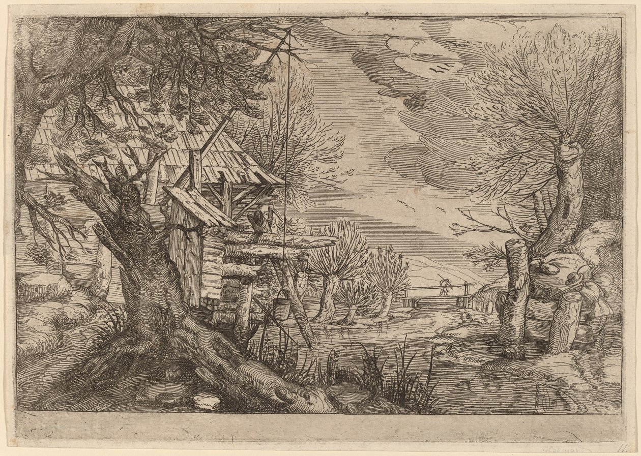 Paesaggio con casa di tronchi vicino a un fiume da Dutch 17th Century, formerly Jacques de Gheyn II
