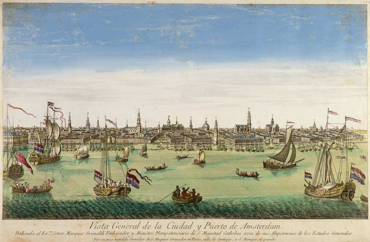 Veduta Generale del Porto e della Città di Amsterdam, incisione di D.G. Hucquier, XVI secolo da Dutch School