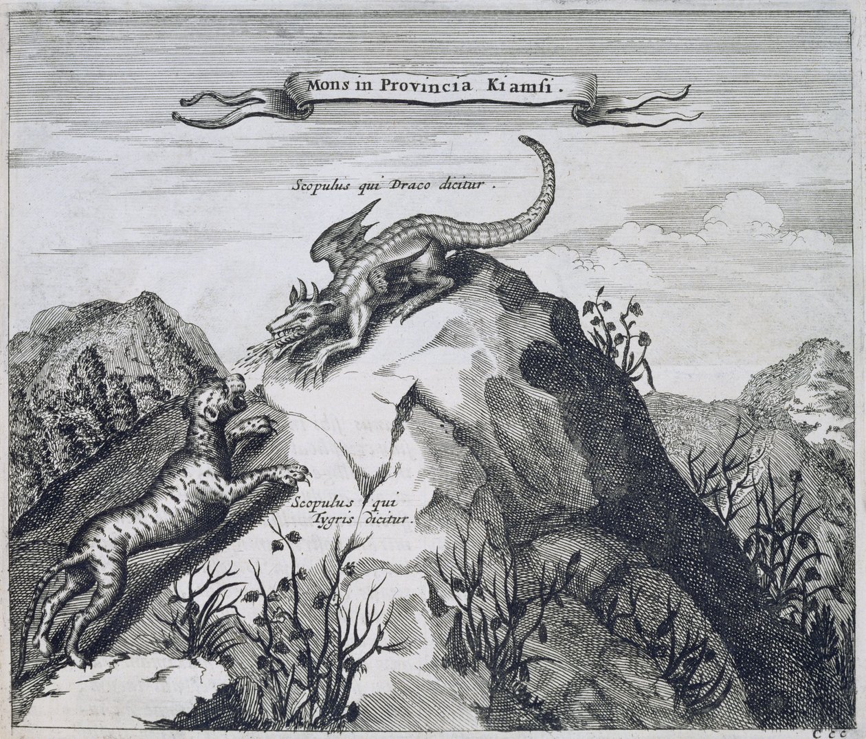Una montagna nella provincia di Jiangxi con scogli noti come il Drago e la Tigre, da China Illustrated di Athanasius Kircher (1601-80) 1667 da Dutch School