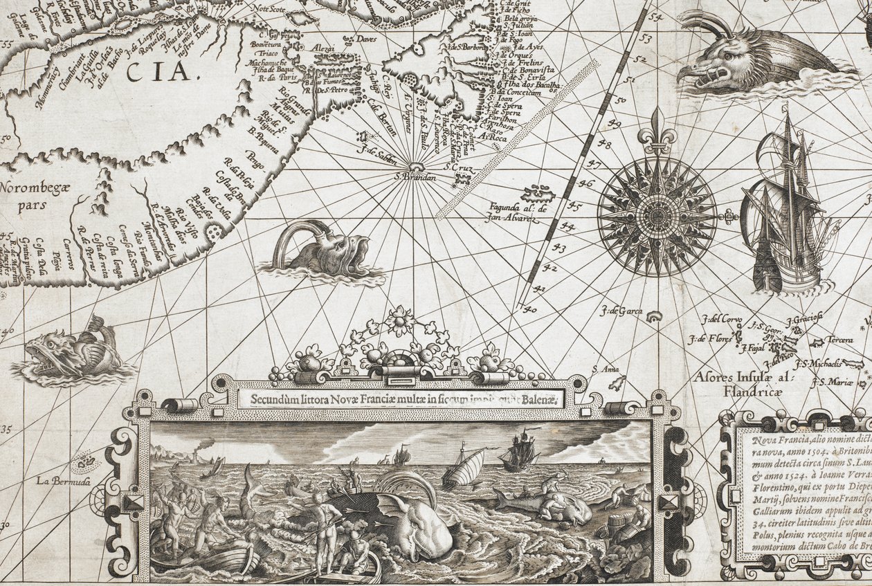 Dettaglio di due mostri marini simili a balene e un inserto con balene più realistiche, da 