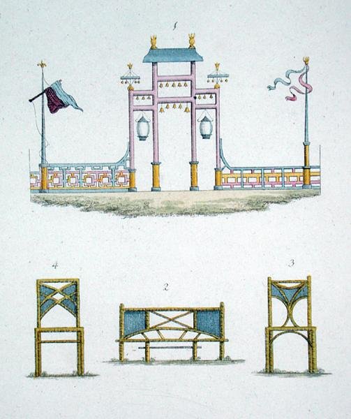 Cancello cinese e sedili da giardino, da 