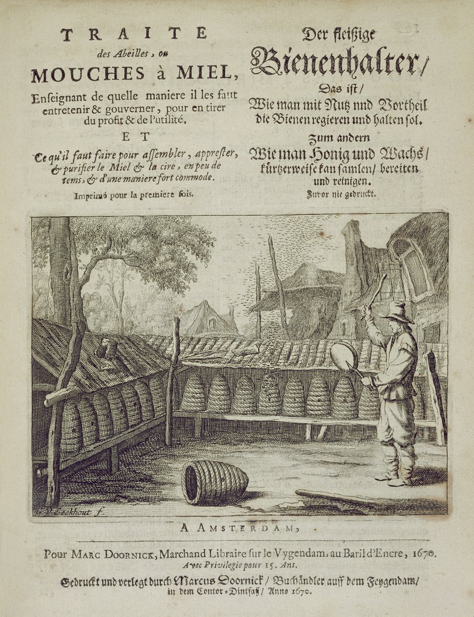 Copertina di Traite des Abeilles, ou Mouches a Miel... stampato in francese e tedesco, inciso da G.V.Eckhout, Amsterdam 1670 da Dutch School