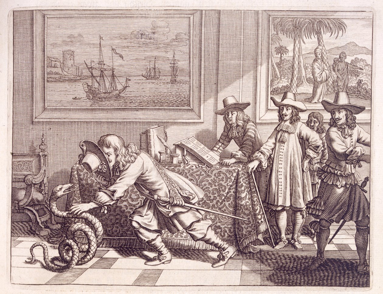 Affrontare un Cobra che ha invaso le stanze degli ufficiali olandesi, 1672 da Dutch School