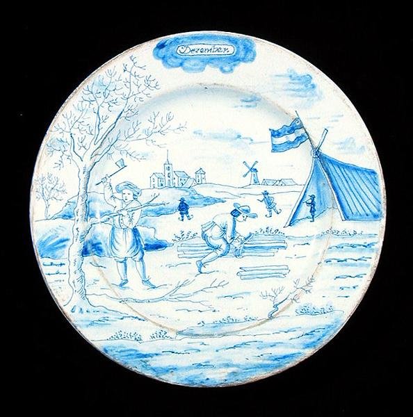 Piatto di Delft raffigurante il mese di dicembre da Dutch School