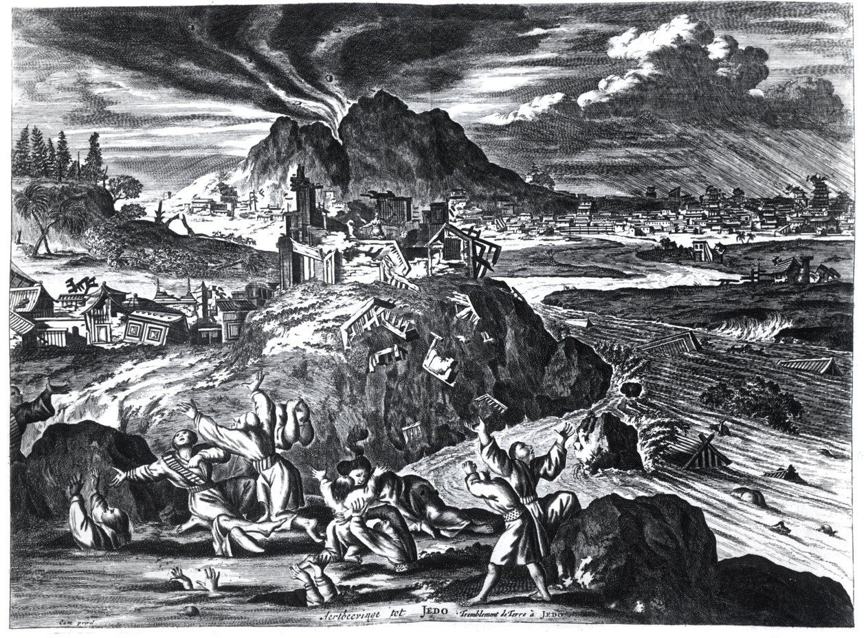Terremoto a Edo (Tokyo) nel 1659, illustrazione dal resoconto di Arnold Montanus delle ambasciate inviate dalla Compagnia Olandese delle Indie Orientali all