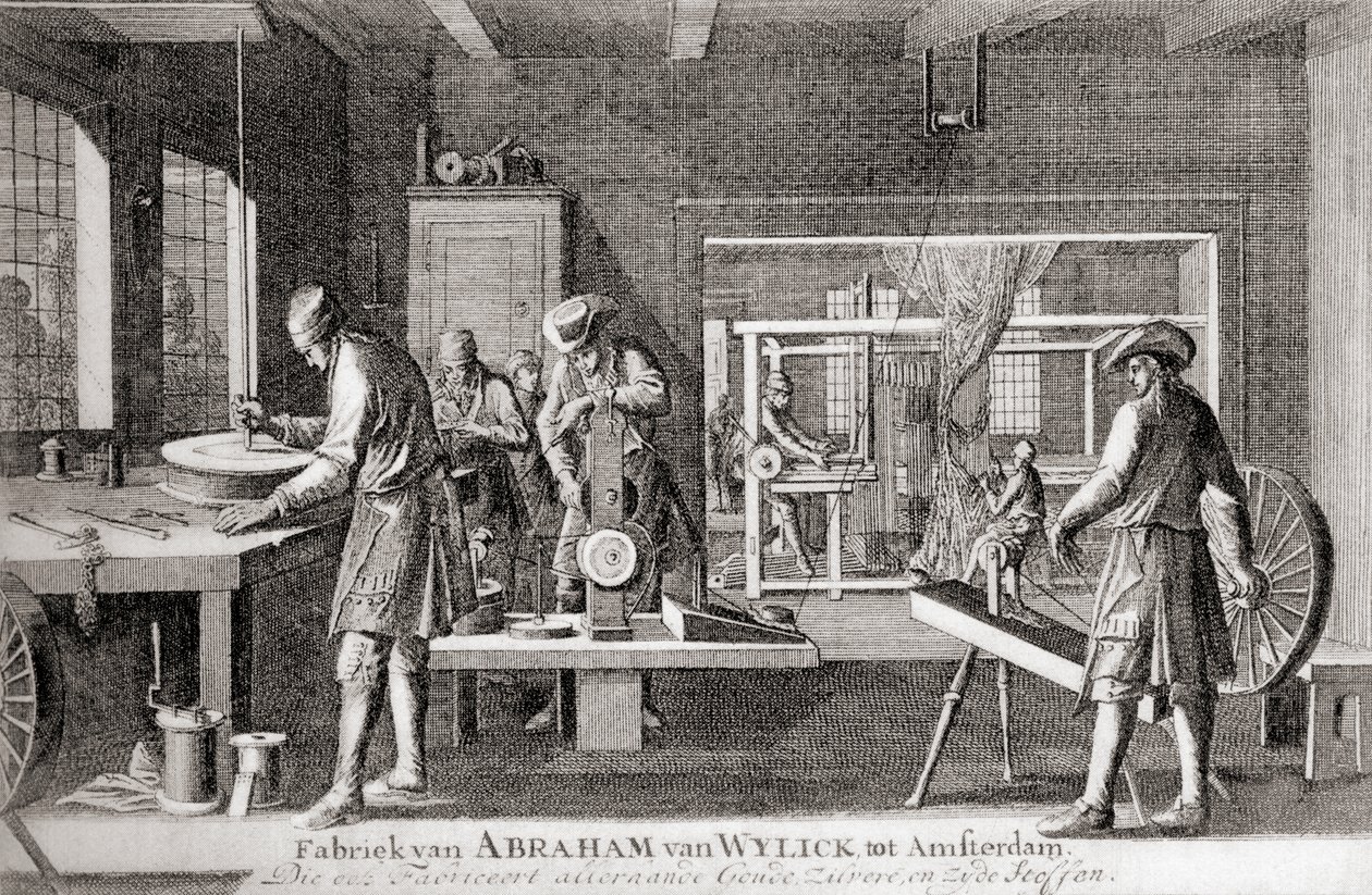 Fabbrica di Abraham van Wylick, Industria della seta di Amsterdam, da "Geschiedenis van Nederland", ed. 1936 (litografia) da Dutch School
