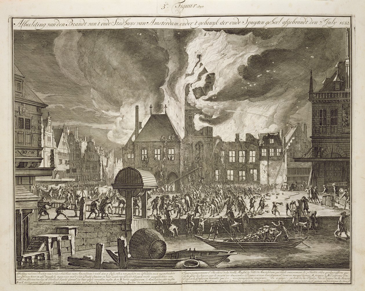 Incendio al vecchio municipio di Amsterdam, 17 luglio 1652, da un libro sulla lotta antincendio in Olanda, pubblicato c.1700 da Dutch School