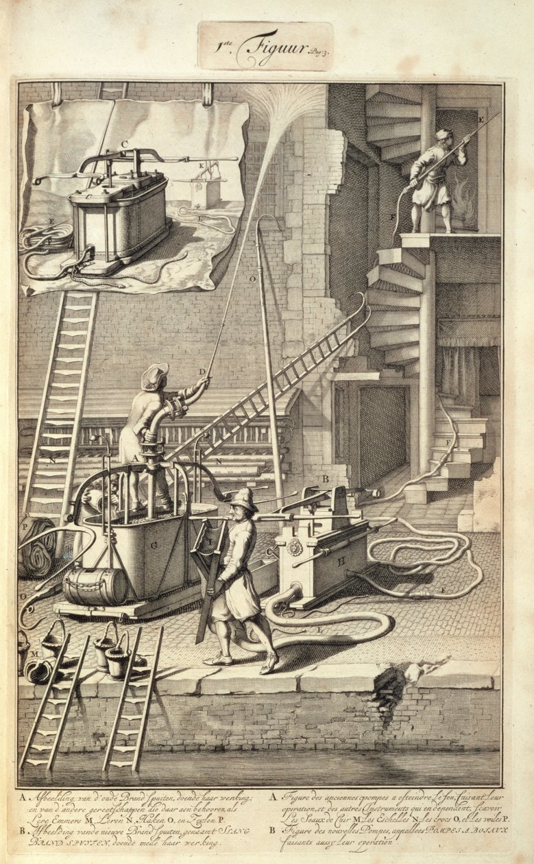 Macchinari antincendio, da un libro sulla lotta antincendio in Olanda, pubblicato c.1700 da Dutch School