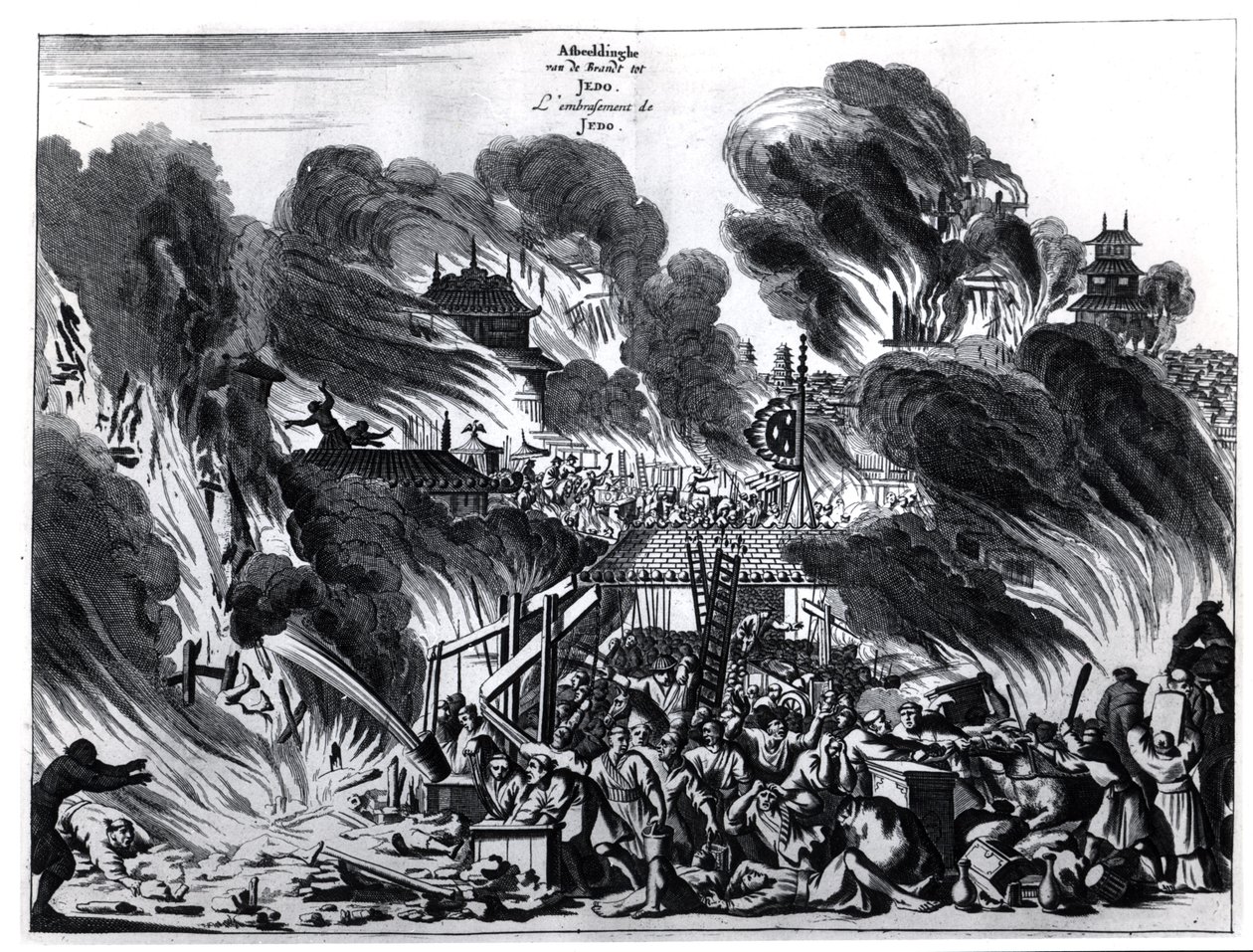 Grande incendio a Yedo (Tokyo) nel XVII secolo, illustrazione dal resoconto di Arnold Montanus delle ambasciate inviate dalla Compagnia Olandese delle Indie Orientali all