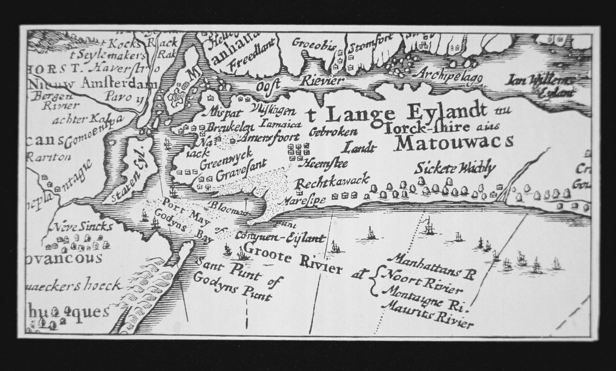 Storia di New York: Mappa olandese che mostra la riconquista di Manhattan da Dutch School