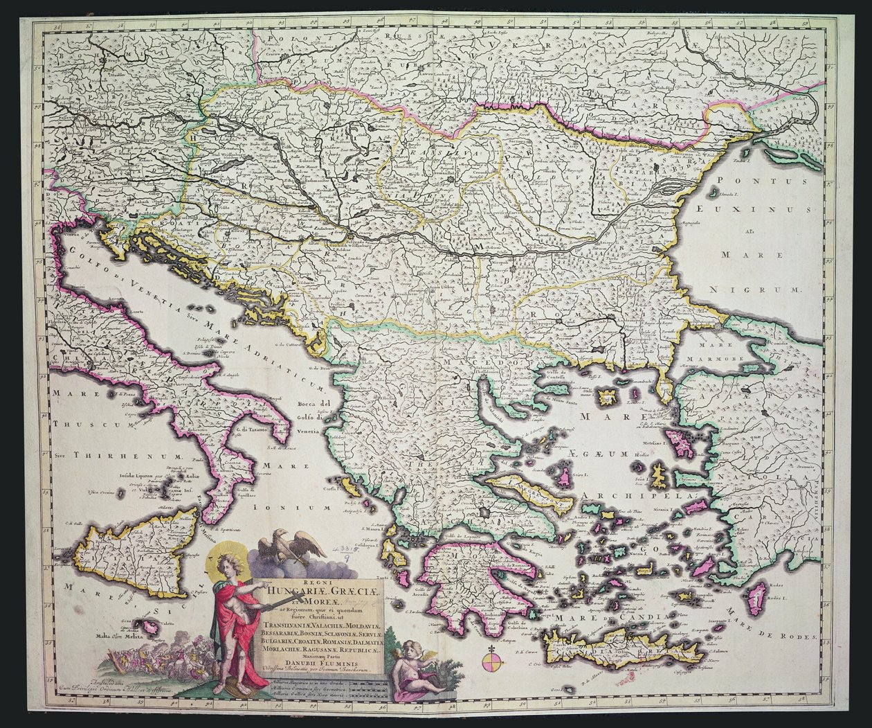 Mappa della Grecia, Ungheria e dei paesi circostanti (incisione colorata a mano) da Dutch School