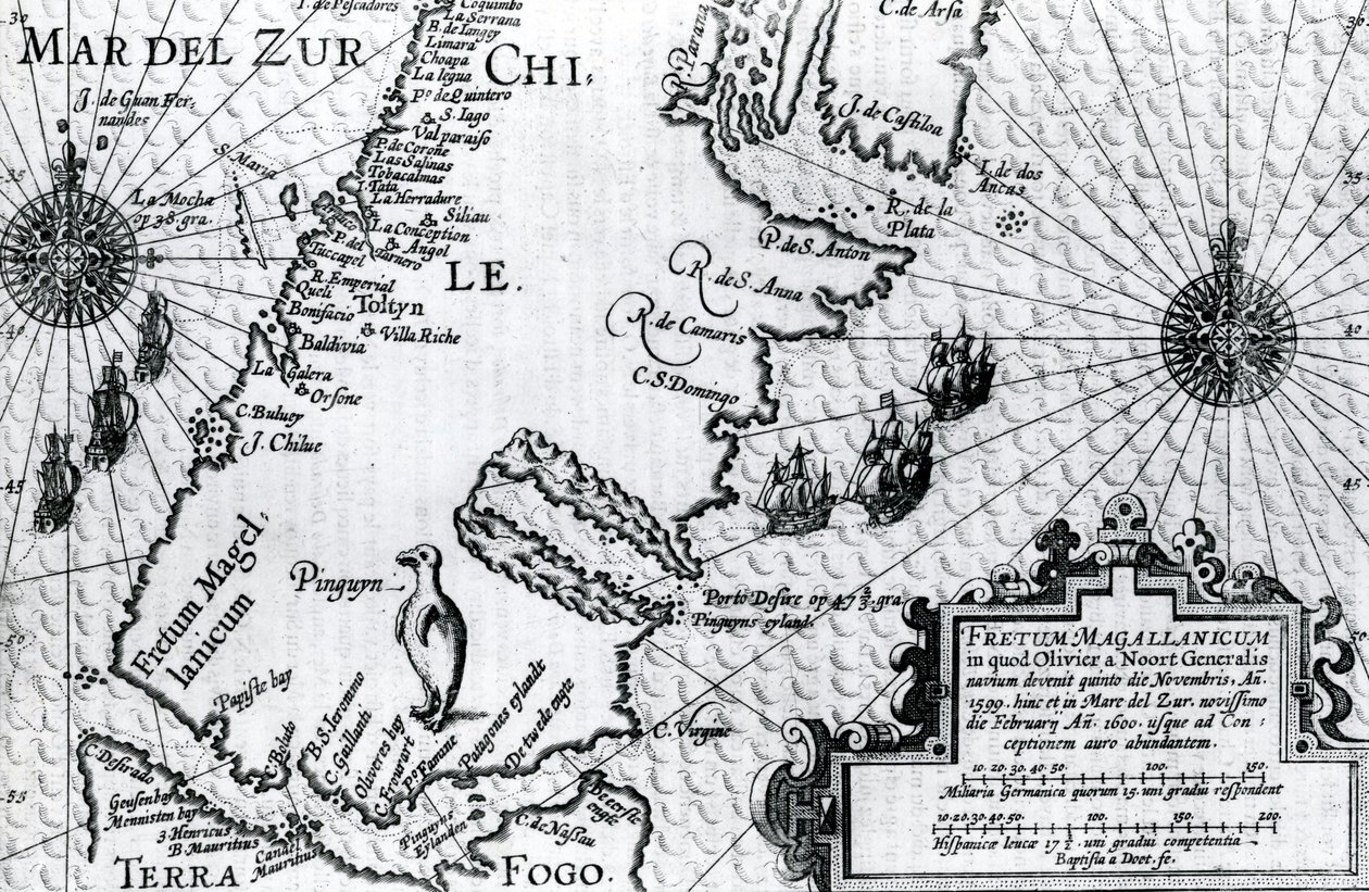 Mappa dello Stretto di Magellano, tavola dalla descrizione del viaggio di Oliver van Noort, 1602 da Dutch School