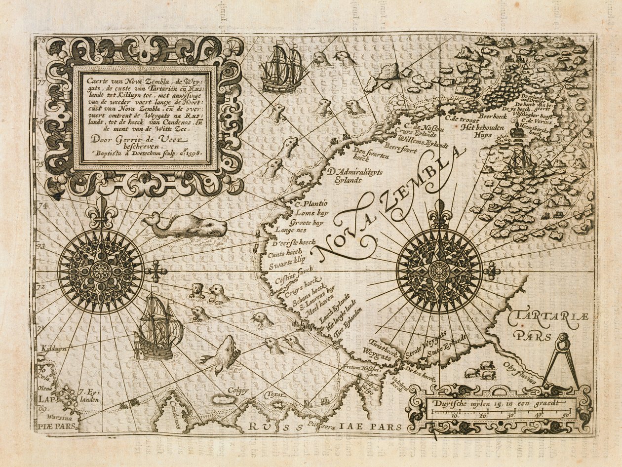 Mappa della nuova scoperta Nova Zembla, illustrazione da Diarium Nauticum, seu vera descriptio trium navigationum admirandarum... di Gerrit de Veer, 1598 da Dutch School