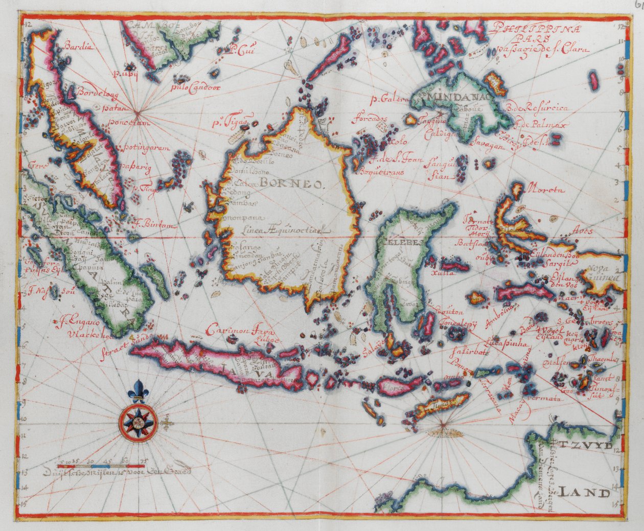 Mappa che mostra Borneo, Clebes (Sulawesi), Giava e altre isole indonesiane da Dutch School