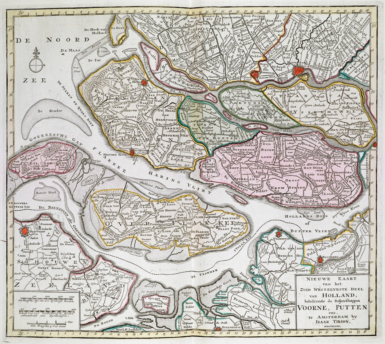 Nieuwe Kaart der van het Zuid Westelykste deel van Holland, behelzende de Baljuwschappen Voorne, Putten, enz. [Trentasei mappe dei Paesi Bassi] Isaak Tirion Tra il 1739 e il 1757 da Dutch School