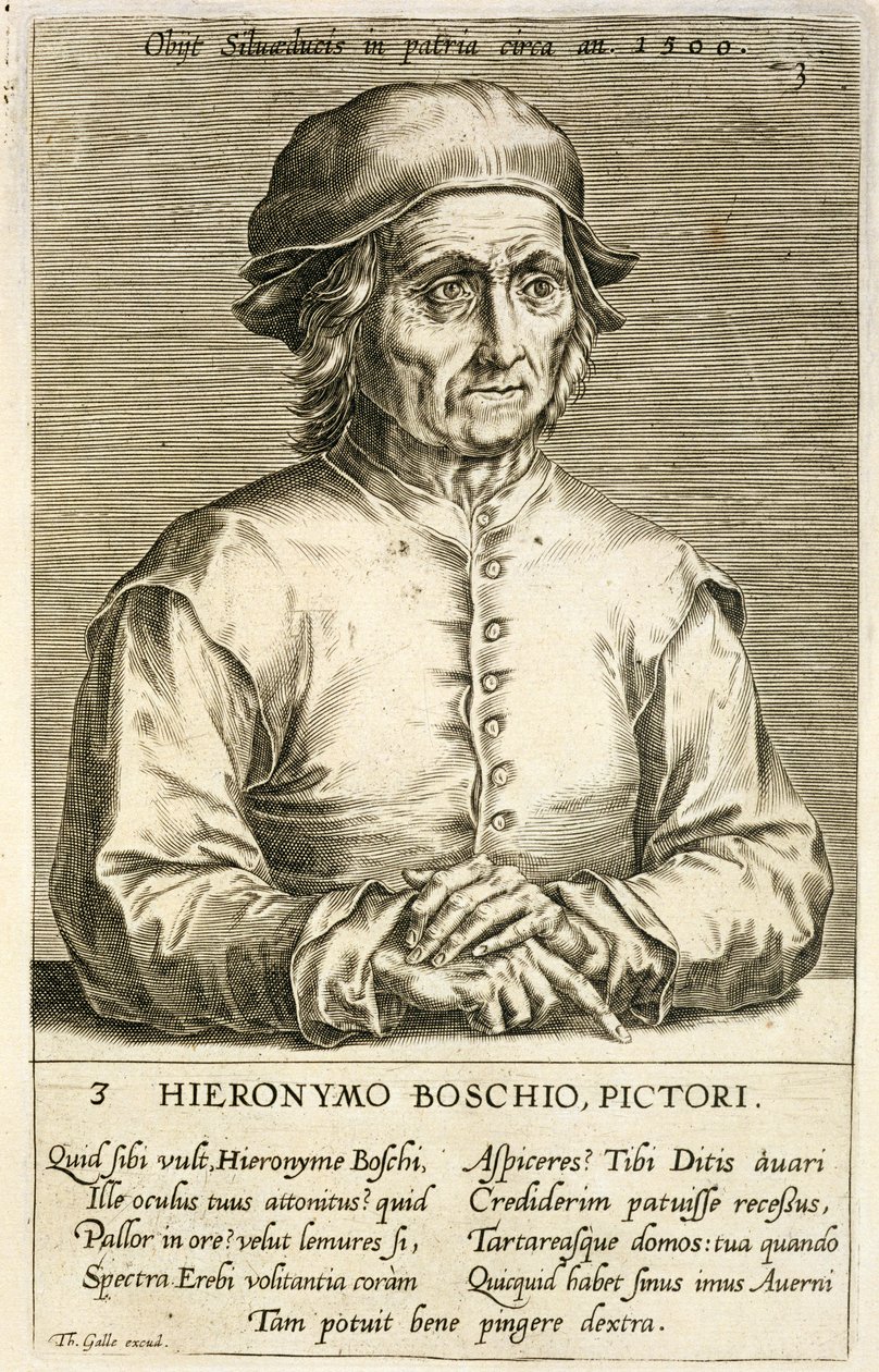 Ritratto di Hieronymus Bosch, tavola 3 da una serie di ritratti di artisti, inciso da Theodor Galle da Dutch School