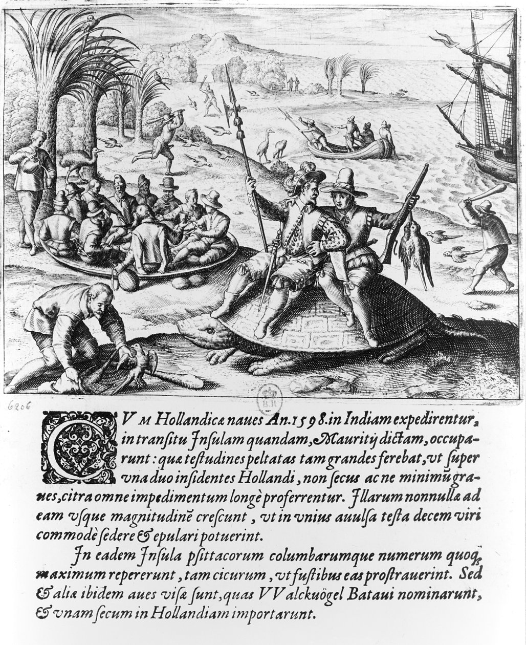 Gli Olandesi a Mauritius nel 1598, inciso da de Bry da Dutch School
