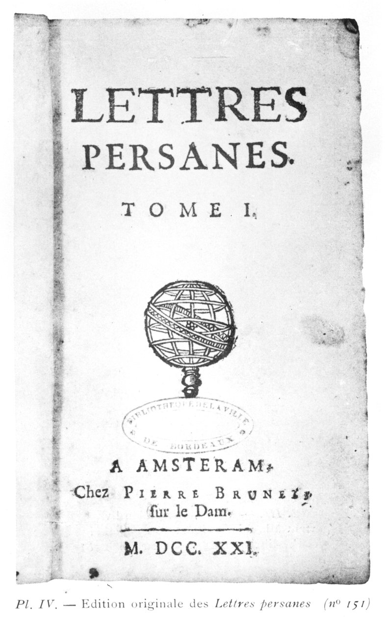 Pagina del titolo di Les Lettres Persanes di Charles de Montesquieu (1689-1755) 1721 da Dutch School