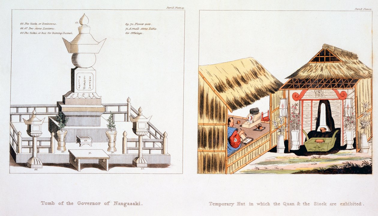Tomba del Governatore di Nagasaki e altri oggetti funerari, da Illustrazioni del Giappone di Issac Titsingh, pubblicato a Londra nel 1822 da Dutch School