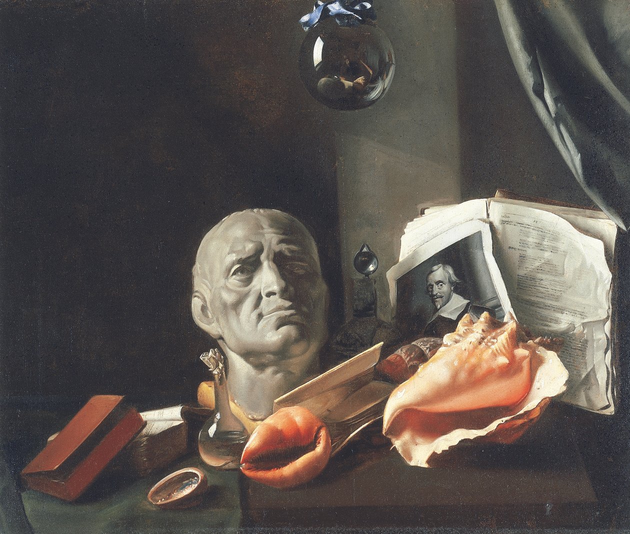 Vanitas natura morta con un busto, conchiglie, libri e fiaschi di vetro da Dutch School