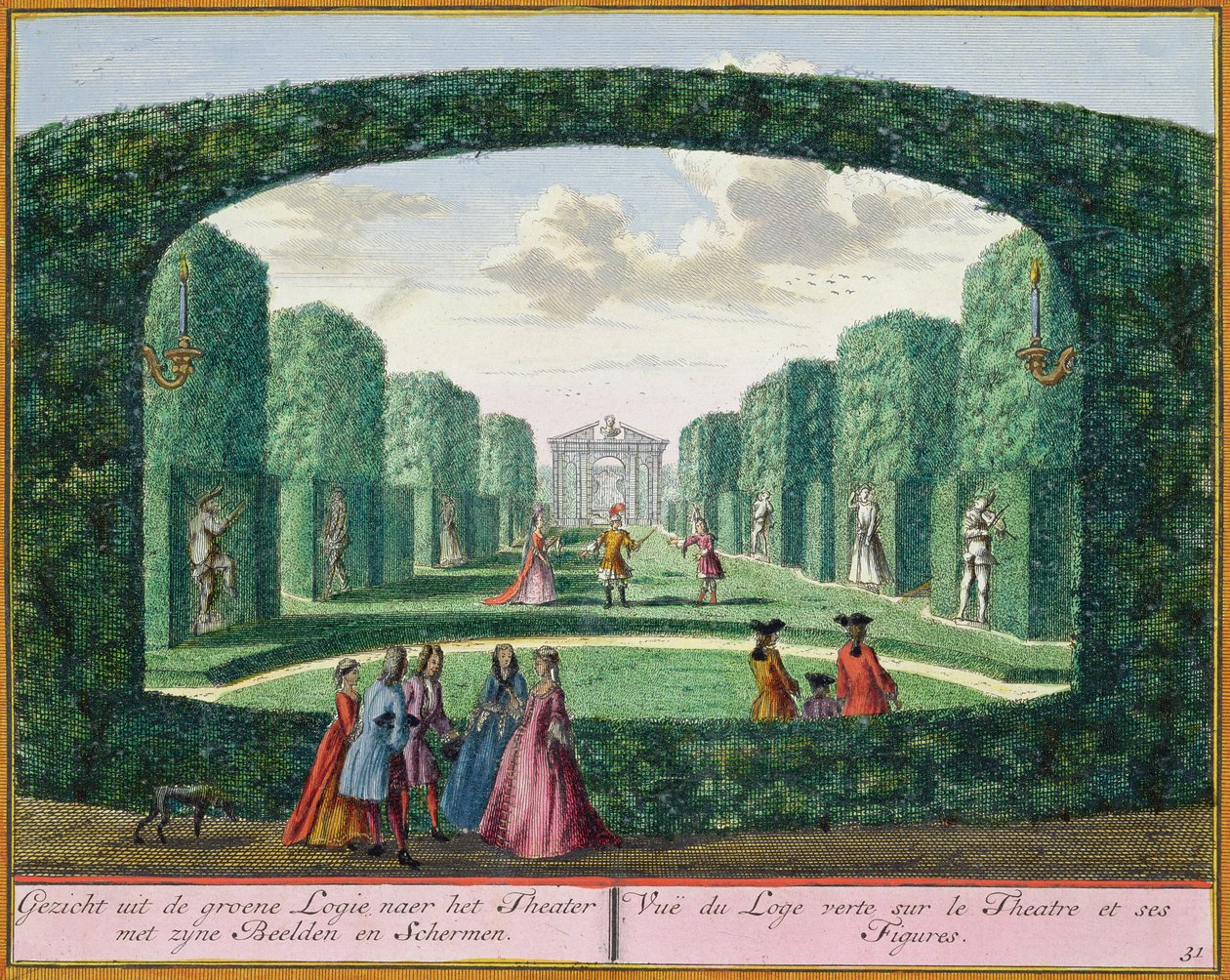 Vista dalla loggia verde al teatro, da Het Zeganplant Kennemerlant, di Hendrick de Leth e Matthias Brouerius Van Nidek, pubblicato c.1700-1730 da Dutch School