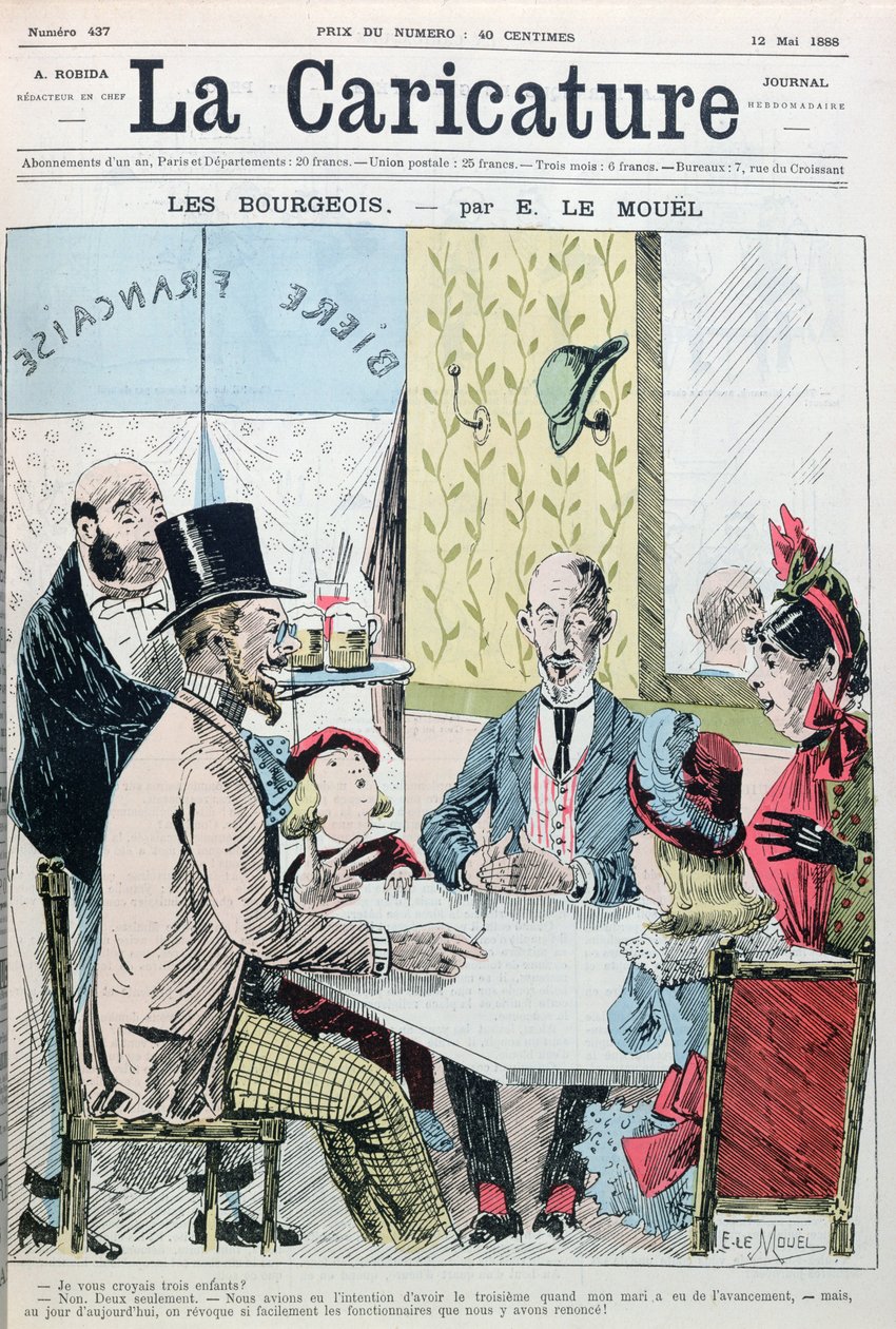 Una coppia borghese che spiega di avere solo due figli per ragioni economiche, da La Caricature, 12 maggio 1888 da E. Le Mouel