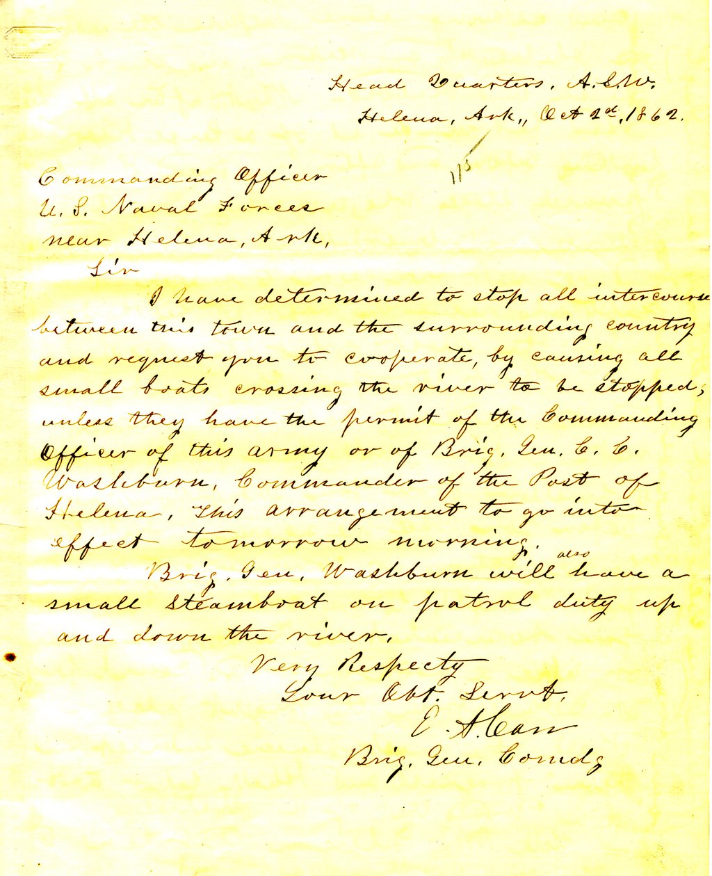 Lettera di E. A. Carr, Helena, Arkansas, al comandante delle forze navali statunitensi vicino a Helena, Arkansas, 2 ottobre 1862 da E.A. Carr