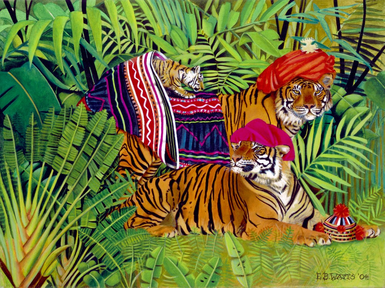 Famiglia di tigri con abiti tailandesi, 2004 da E.B. Watts