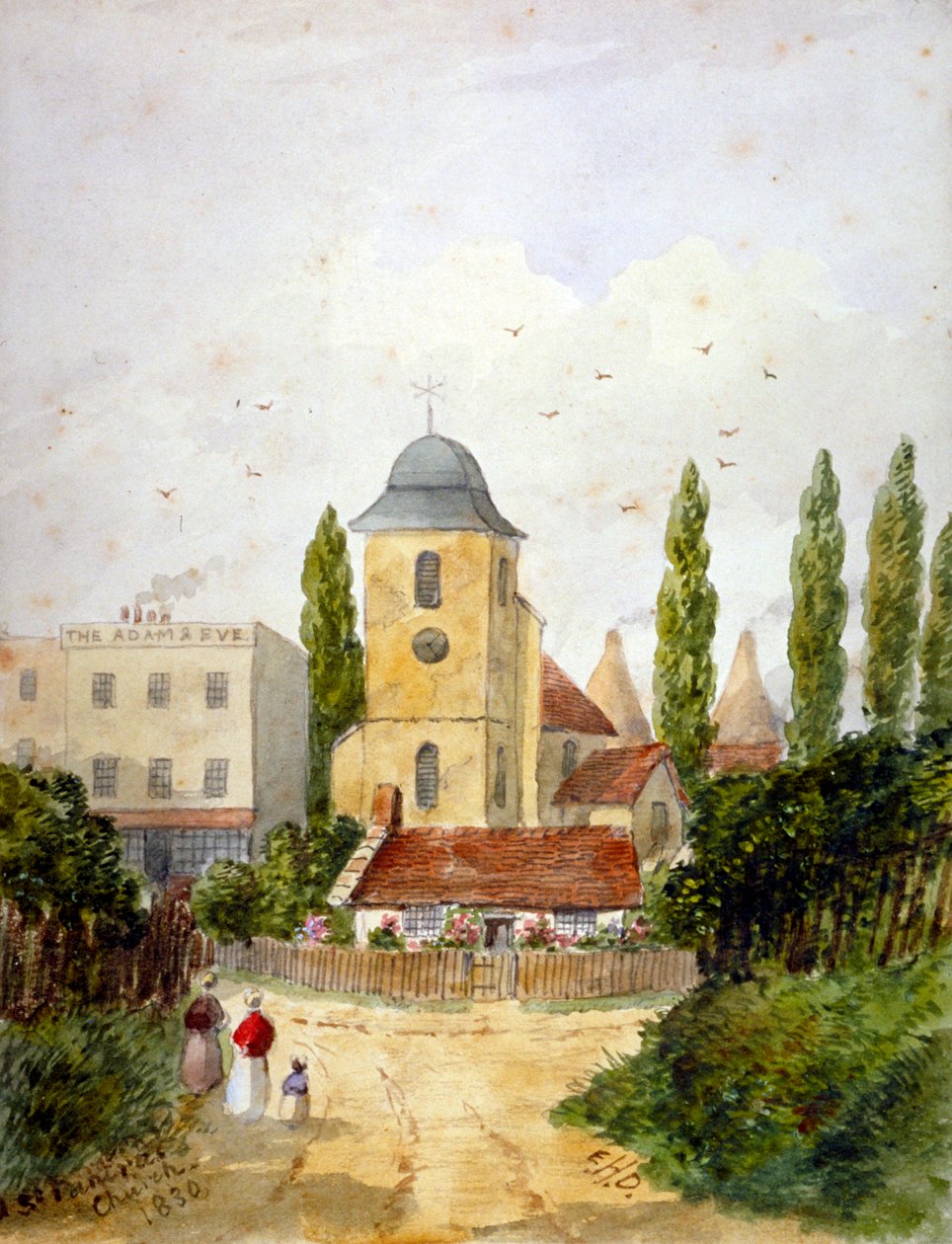 Vecchia chiesa di St Pancras e la taverna Adam and Eve, Londra, 1830 da EH Dixon