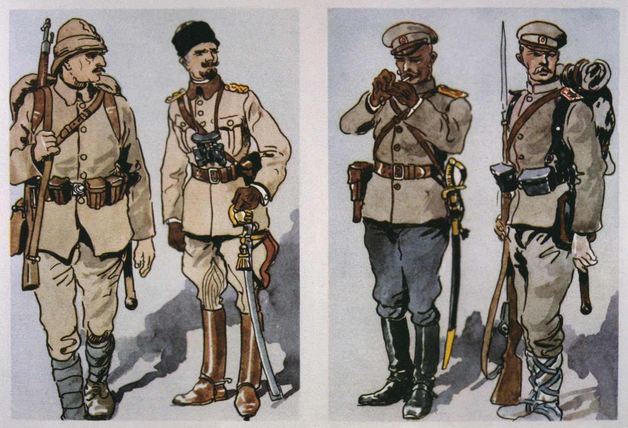 Fanteria turca e ufficiale (a sinistra) e ufficiale di fanteria bulgaro e soldato di fanteria del 1917 (a destra) del 1917 da E. (after) Dobrich