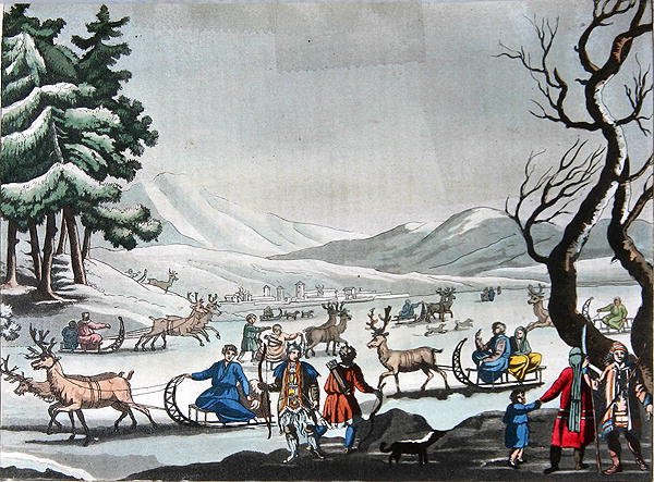 Tungus che lasciano il loro campo invernale su slitte trainate da renne, c.1820 da E. (after) Karnejeff