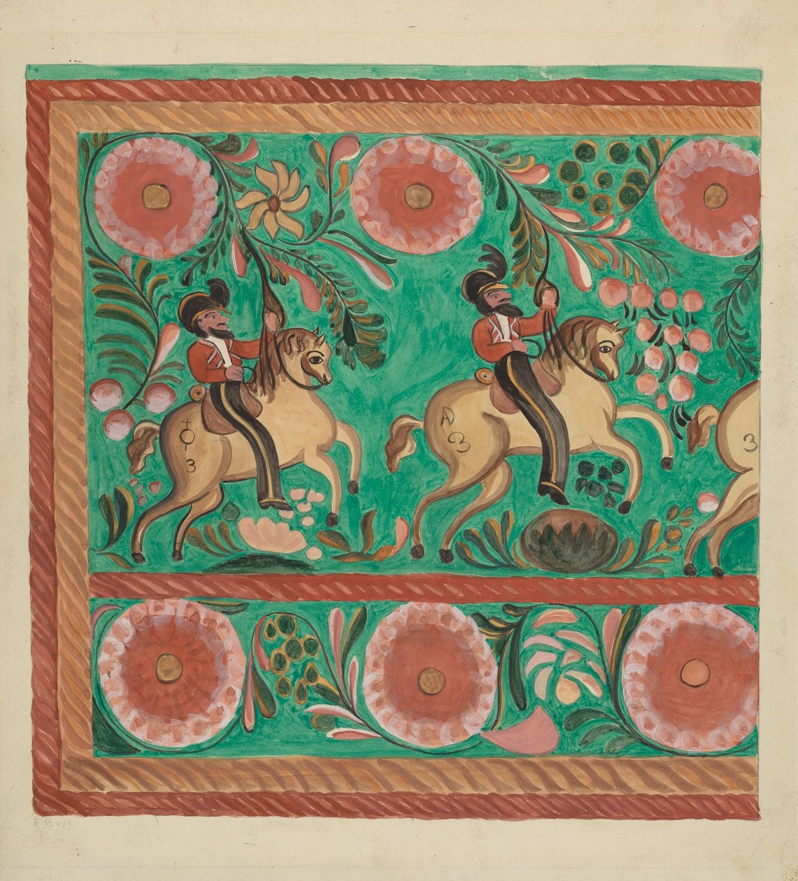 Cassapanca di pino nativo, dipinta a olio, 1935-1942 da E. Boyd