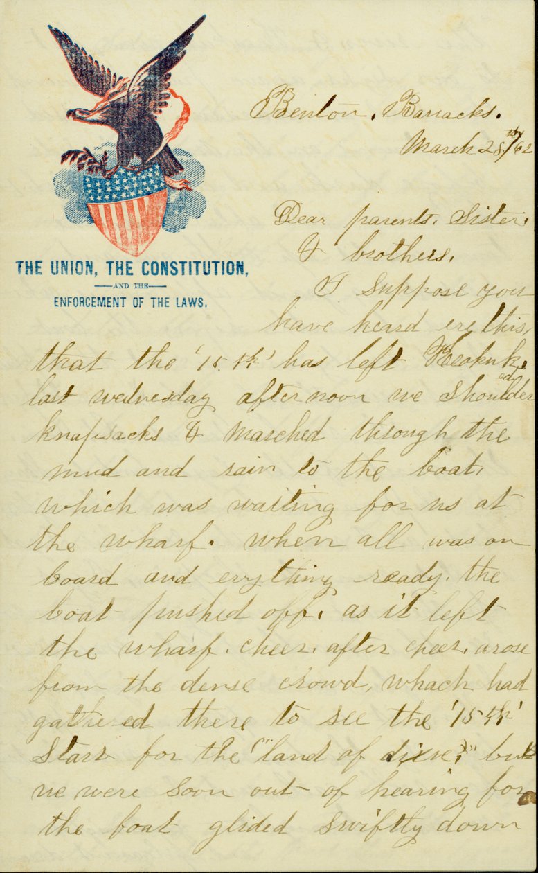 Lettera firmata E.G. Black, Benton Barracks, Mo., ai suoi genitori, sorella e fratelli, 28 marzo 1862 da E. G. Black