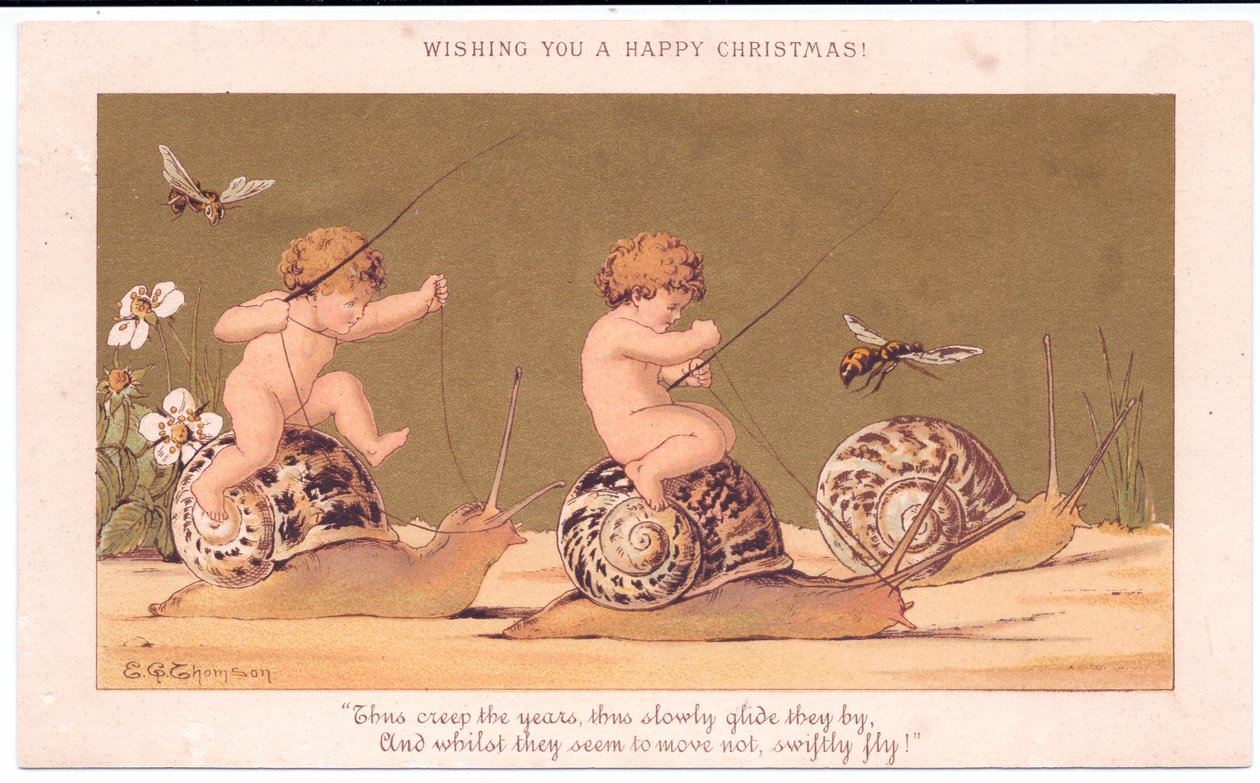 Cartolina di Natale vittoriana di due bambini nudi che cavalcano lumache scortati da vespe su uno sfondo dorato da E. Gertrude Thompson